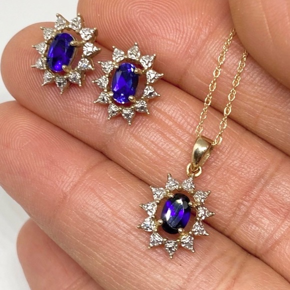 Vintage 10k Solid Gold Blue Sapphire 2 Piece Matching Set 18” Necklace Earrings - Picture 3 of 16